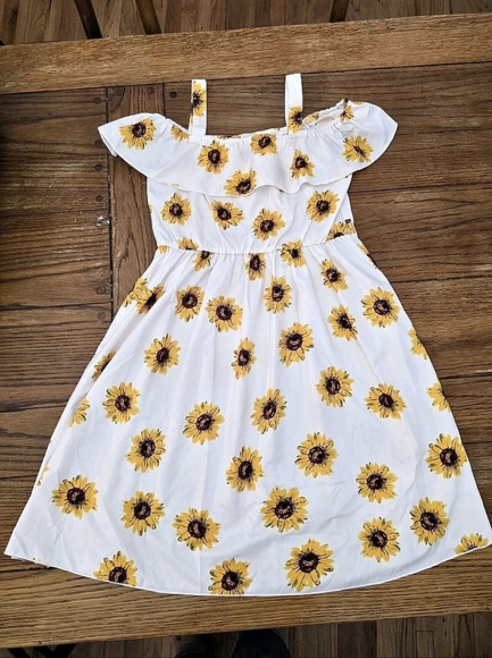 Girls Sunflower Print Off Shoulder Ruffle Trim Dress, 11-12Y